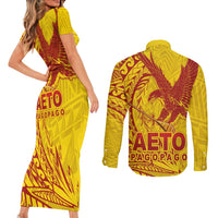 Samoa Pago Pago Aeto Couples Matching Short Sleeve Bodycon Dress and Long Sleeve Button Shirt Wingstyle Red-Gold Color - Polynesian Pride