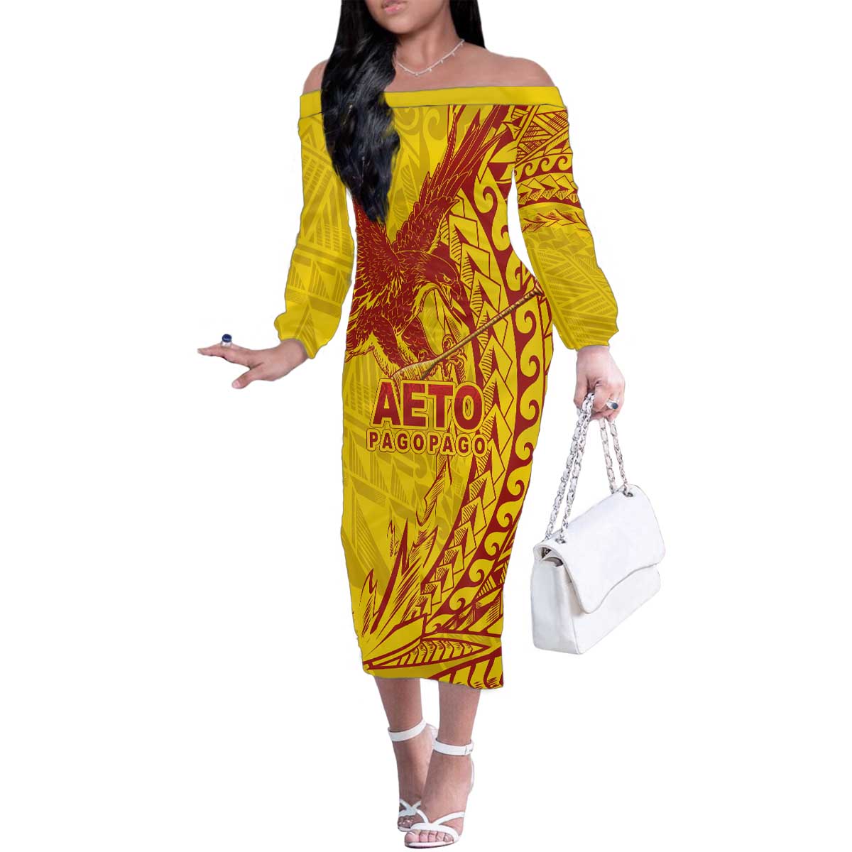 Samoa Pago Pago Aeto Family Matching Off The Shoulder Long Sleeve Dress and Hawaiian Shirt Wingstyle Red-Gold Color - Polynesian Pride