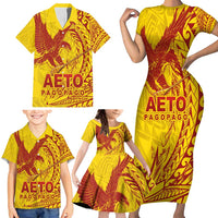 Samoa Pago Pago Aeto Family Matching Short Sleeve Bodycon Dress and Hawaiian Shirt Wingstyle Red-Gold Color - Polynesian Pride