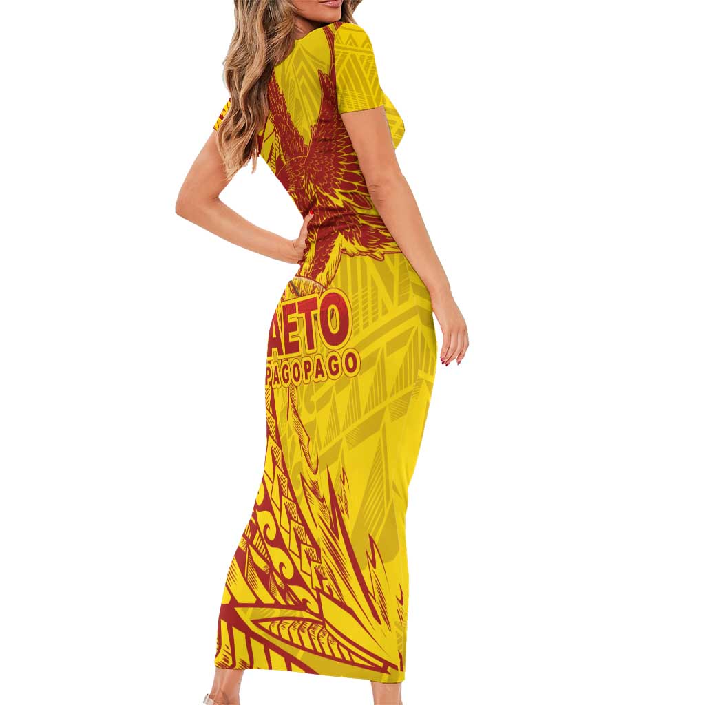 Samoa Pago Pago Aeto Family Matching Short Sleeve Bodycon Dress and Hawaiian Shirt Wingstyle Red-Gold Color - Polynesian Pride