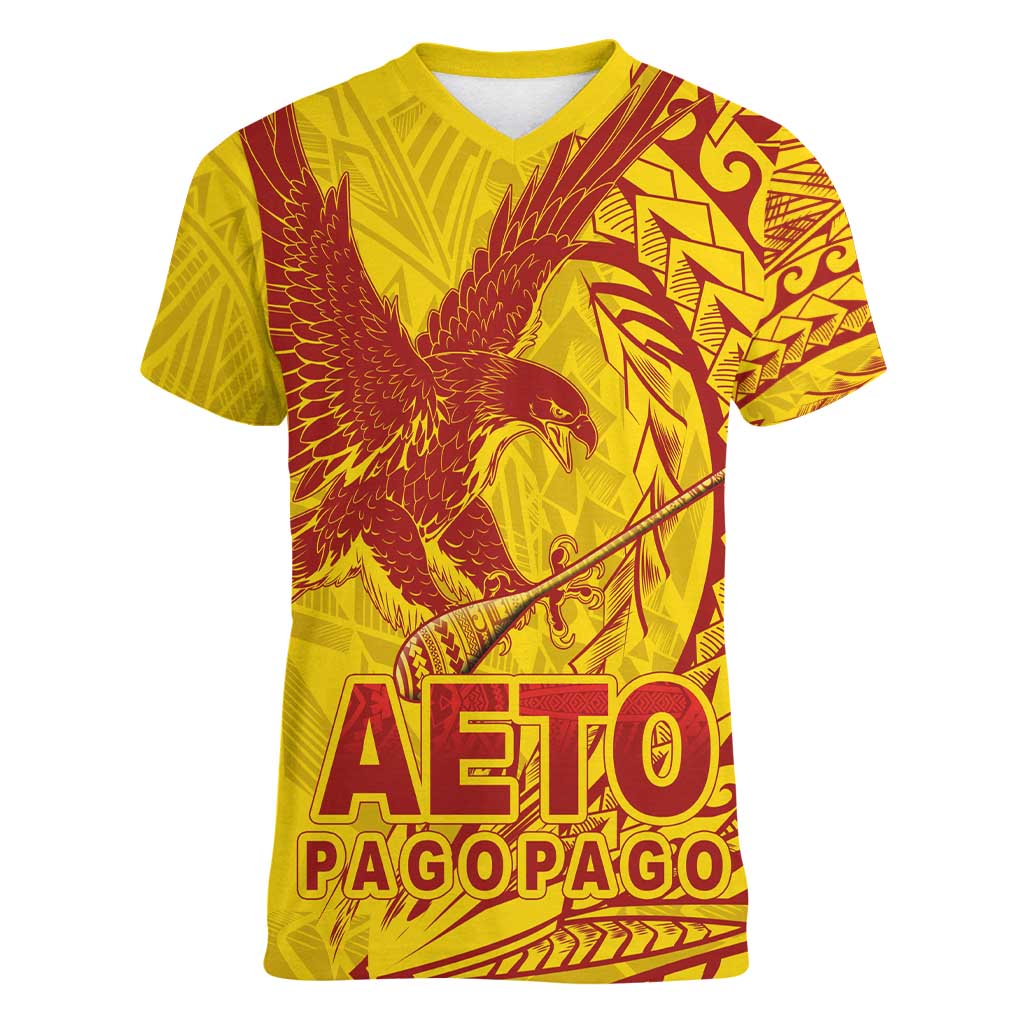 Samoa Pago Pago Aeto Women V-Neck T-Shirt Wingstyle Red-Gold Color - Polynesian Pride