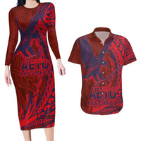 Samoa Pago Pago Aeto Couples Matching Long Sleeve Bodycon Dress and Hawaiian Shirt Wingstyle Red-Blue Color - Polynesian Pride