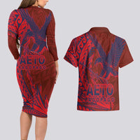 Samoa Pago Pago Aeto Couples Matching Long Sleeve Bodycon Dress and Hawaiian Shirt Wingstyle Red-Blue Color - Polynesian Pride