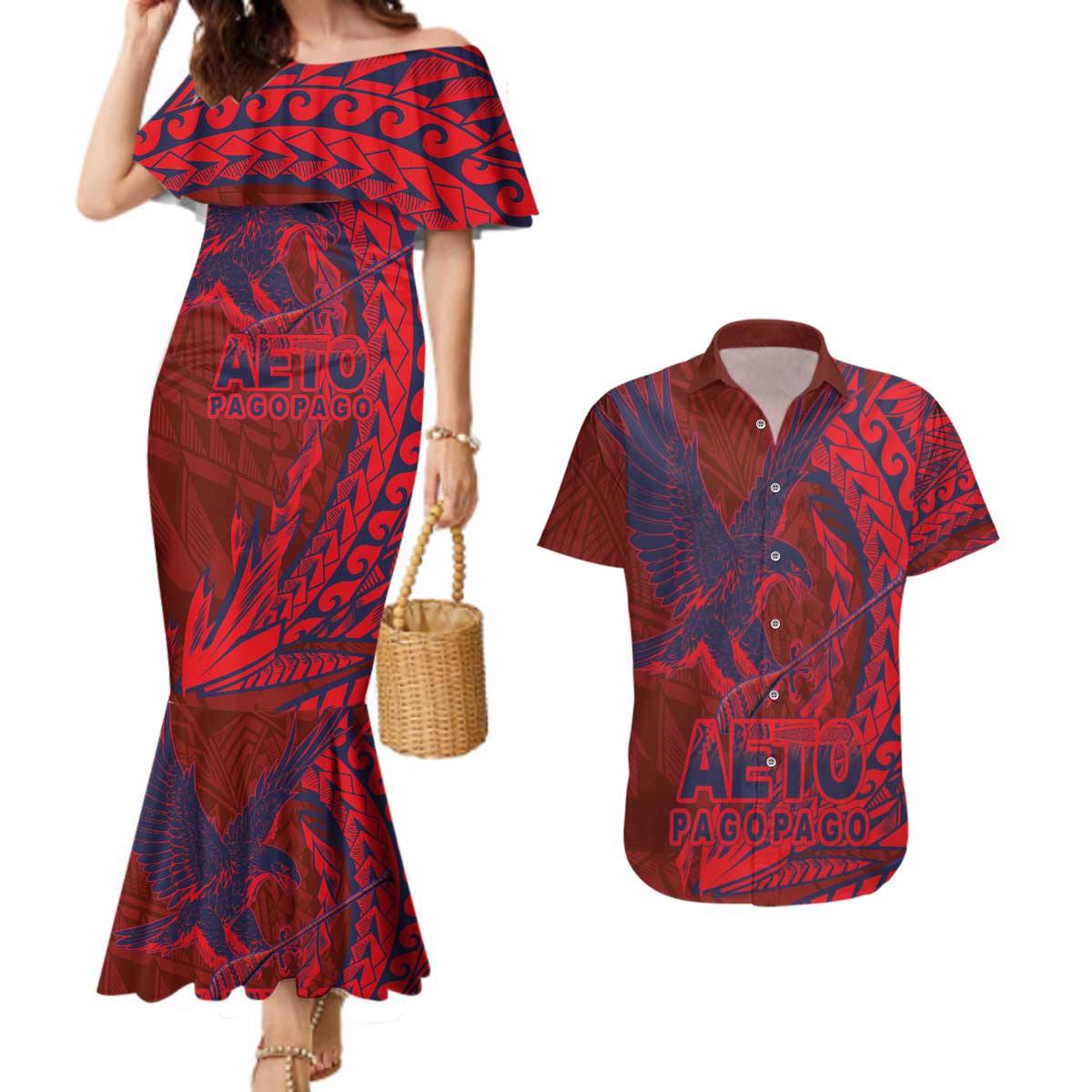 Samoa Pago Pago Aeto Couples Matching Mermaid Dress and Hawaiian Shirt Wingstyle Red-Blue Color - Polynesian Pride