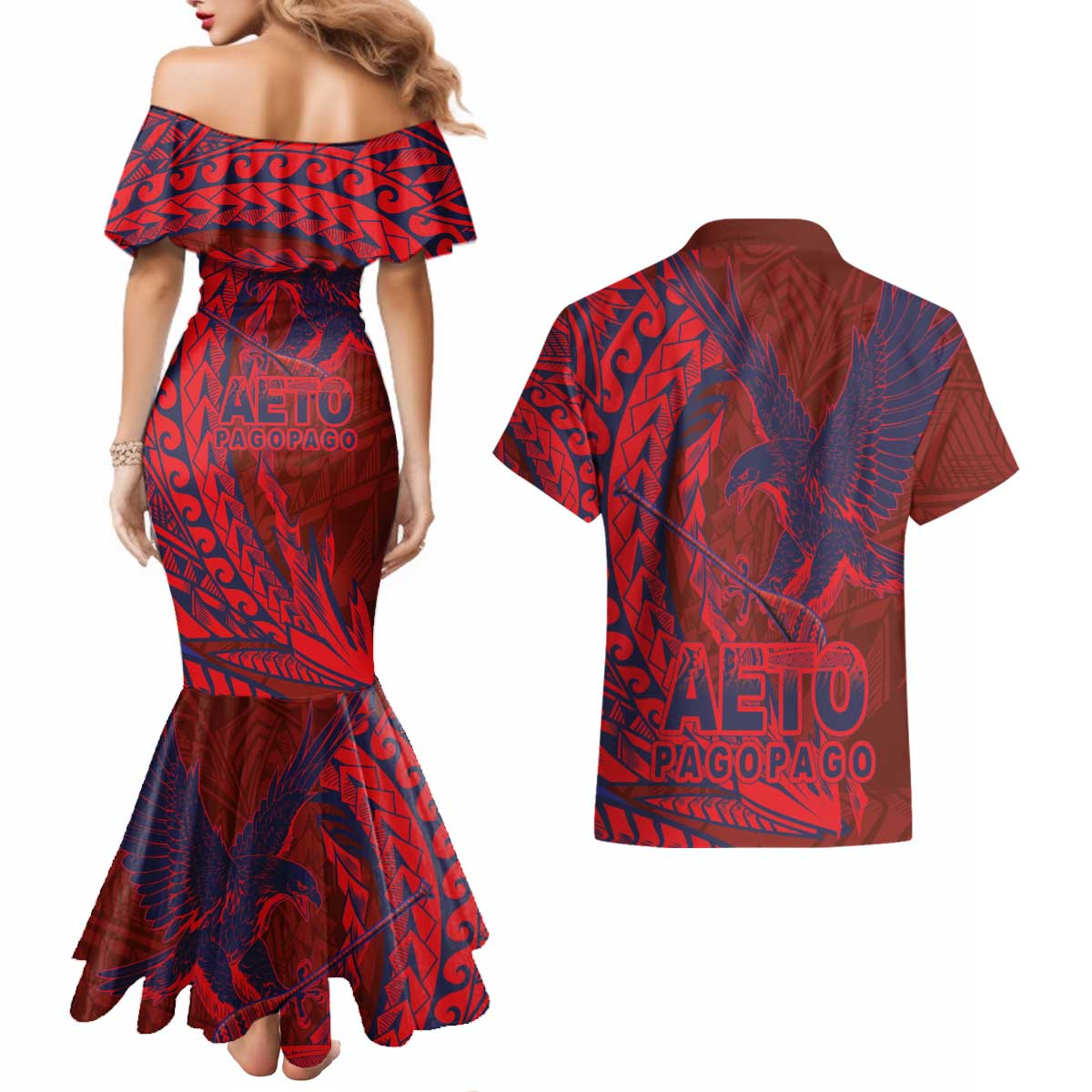 Samoa Pago Pago Aeto Couples Matching Mermaid Dress and Hawaiian Shirt Wingstyle Red-Blue Color - Polynesian Pride