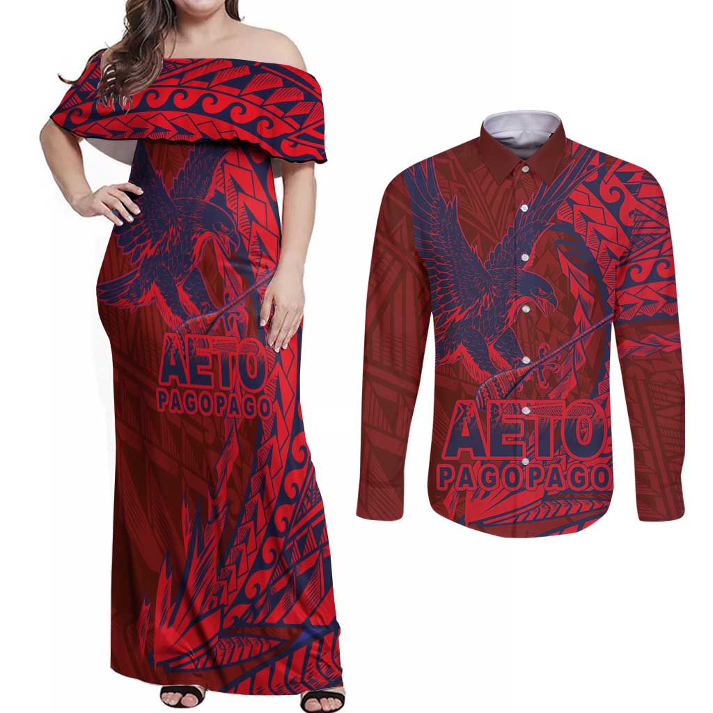 Samoa Pago Pago Aeto Couples Matching Off Shoulder Maxi Dress and Long Sleeve Button Shirt Wingstyle Red-Blue Color - Polynesian Pride