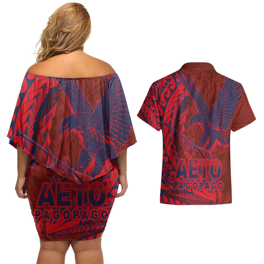 Samoa Pago Pago Aeto Couples Matching Off Shoulder Short Dress and Hawaiian Shirt Wingstyle Red-Blue Color - Polynesian Pride