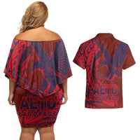 Samoa Pago Pago Aeto Couples Matching Off Shoulder Short Dress and Hawaiian Shirt Wingstyle Red-Blue Color - Polynesian Pride