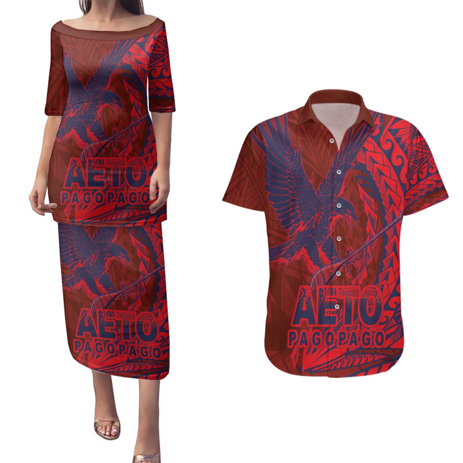 Samoa Pago Pago Aeto Couples Matching Puletasi and Hawaiian Shirt Wingstyle Red-Blue Color - Polynesian Pride