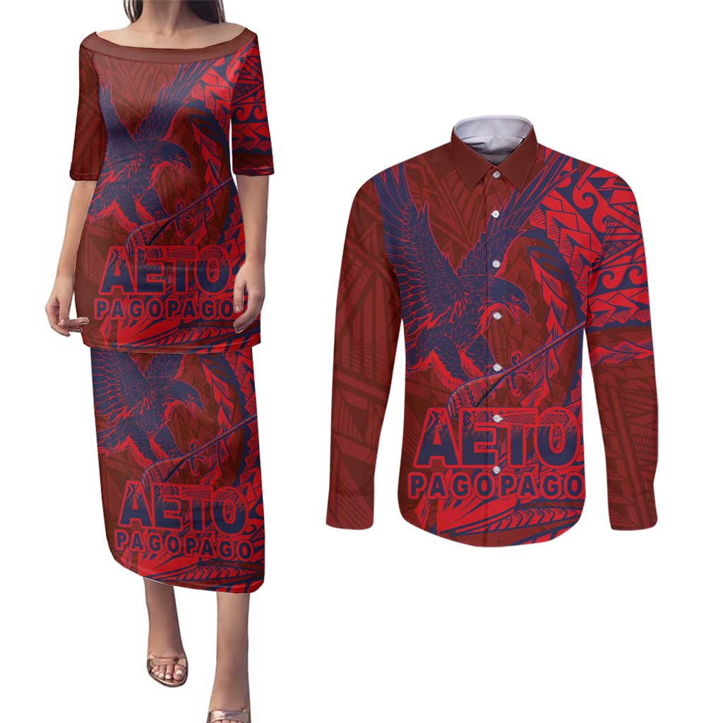 Samoa Pago Pago Aeto Couples Matching Puletasi and Long Sleeve Button Shirt Wingstyle Red-Blue Color - Polynesian Pride