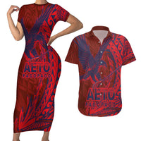 Samoa Pago Pago Aeto Couples Matching Short Sleeve Bodycon Dress and Hawaiian Shirt Wingstyle Red-Blue Color - Polynesian Pride
