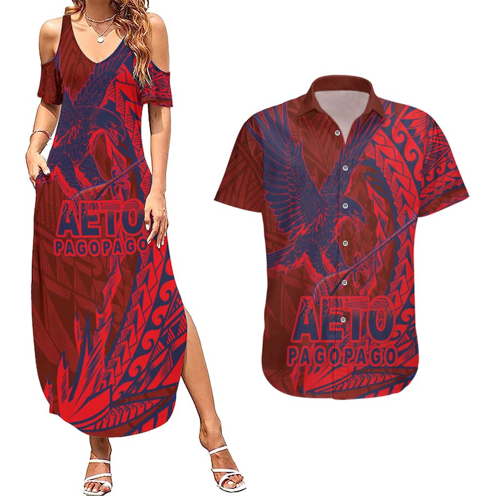 Samoa Pago Pago Aeto Couples Matching Summer Maxi Dress and Hawaiian Shirt Wingstyle Red-Blue Color - Polynesian Pride