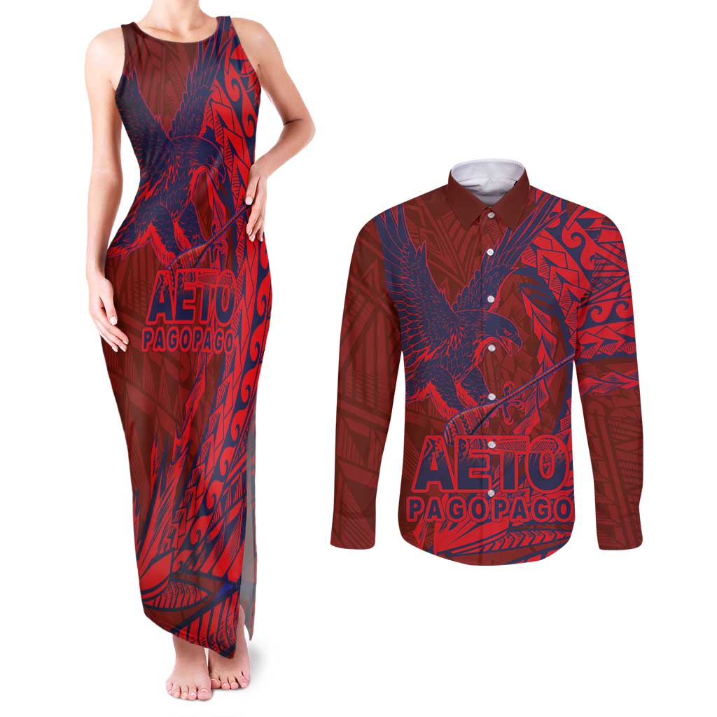 Samoa Pago Pago Aeto Couples Matching Tank Maxi Dress and Long Sleeve Button Shirt Wingstyle Red-Blue Color - Polynesian Pride