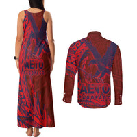 Samoa Pago Pago Aeto Couples Matching Tank Maxi Dress and Long Sleeve Button Shirt Wingstyle Red-Blue Color - Polynesian Pride