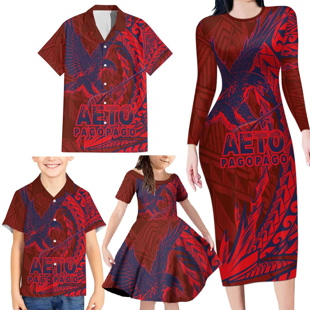 Samoa Pago Pago Aeto Family Matching Long Sleeve Bodycon Dress and Hawaiian Shirt Wingstyle Red-Blue Color - Polynesian Pride