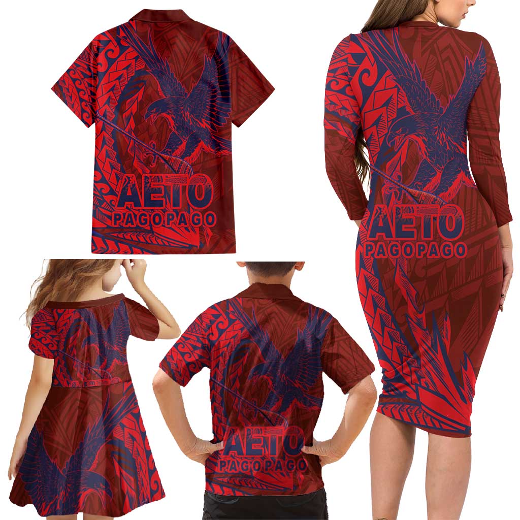 Samoa Pago Pago Aeto Family Matching Long Sleeve Bodycon Dress and Hawaiian Shirt Wingstyle Red-Blue Color - Polynesian Pride