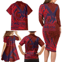Samoa Pago Pago Aeto Family Matching Long Sleeve Bodycon Dress and Hawaiian Shirt Wingstyle Red-Blue Color - Polynesian Pride