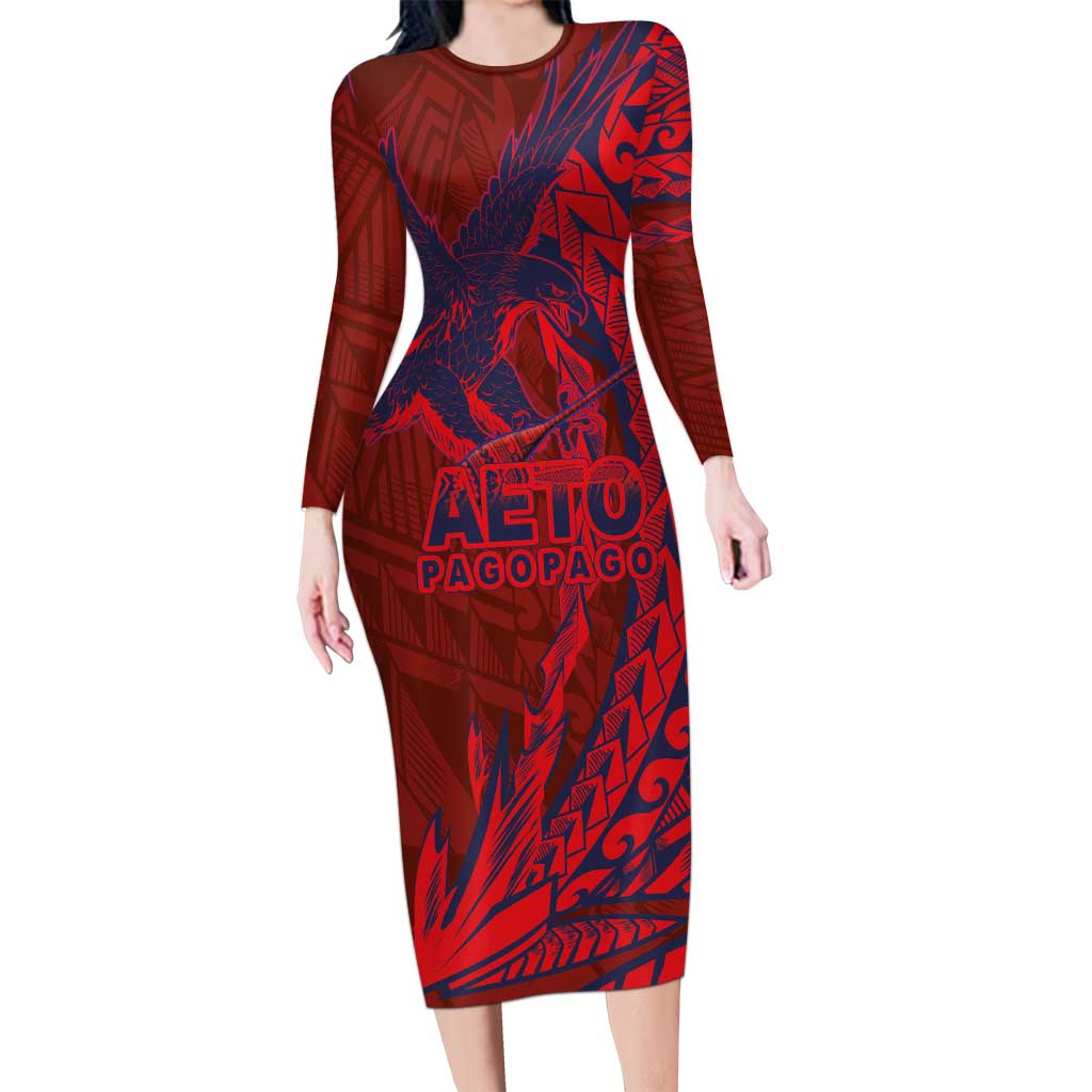 Samoa Pago Pago Aeto Family Matching Long Sleeve Bodycon Dress and Hawaiian Shirt Wingstyle Red-Blue Color - Polynesian Pride