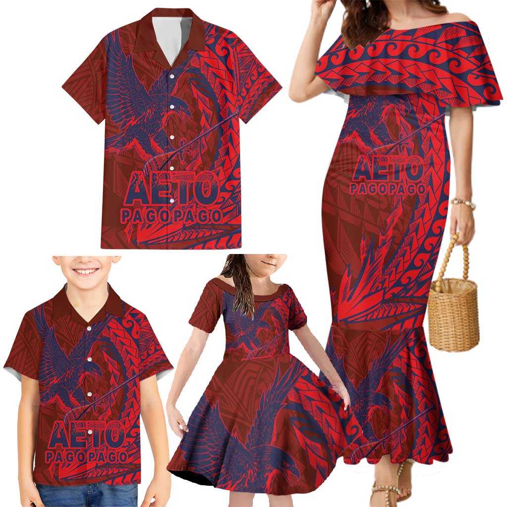Samoa Pago Pago Aeto Family Matching Mermaid Dress and Hawaiian Shirt Wingstyle Red-Blue Color - Polynesian Pride
