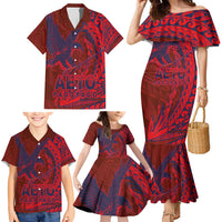 Samoa Pago Pago Aeto Family Matching Mermaid Dress and Hawaiian Shirt Wingstyle Red-Blue Color - Polynesian Pride