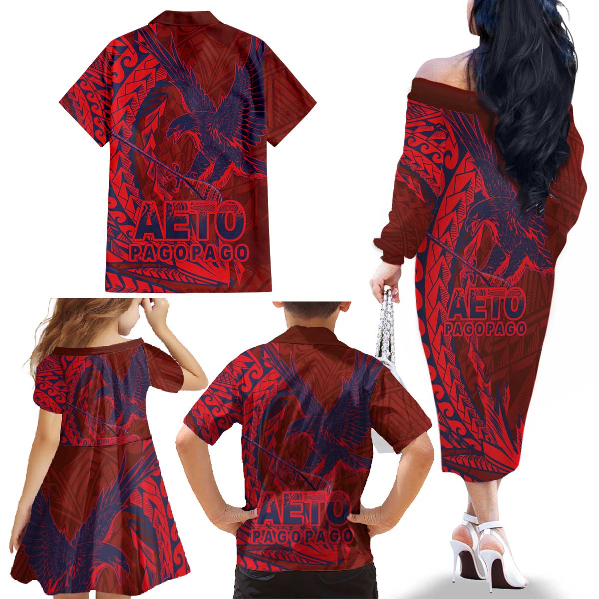 Samoa Pago Pago Aeto Family Matching Off The Shoulder Long Sleeve Dress and Hawaiian Shirt Wingstyle Red-Blue Color - Polynesian Pride