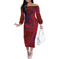 Samoa Pago Pago Aeto Family Matching Off The Shoulder Long Sleeve Dress and Hawaiian Shirt Wingstyle Red-Blue Color - Polynesian Pride
