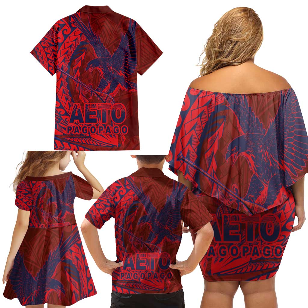Samoa Pago Pago Aeto Family Matching Off Shoulder Short Dress and Hawaiian Shirt Wingstyle Red-Blue Color - Polynesian Pride