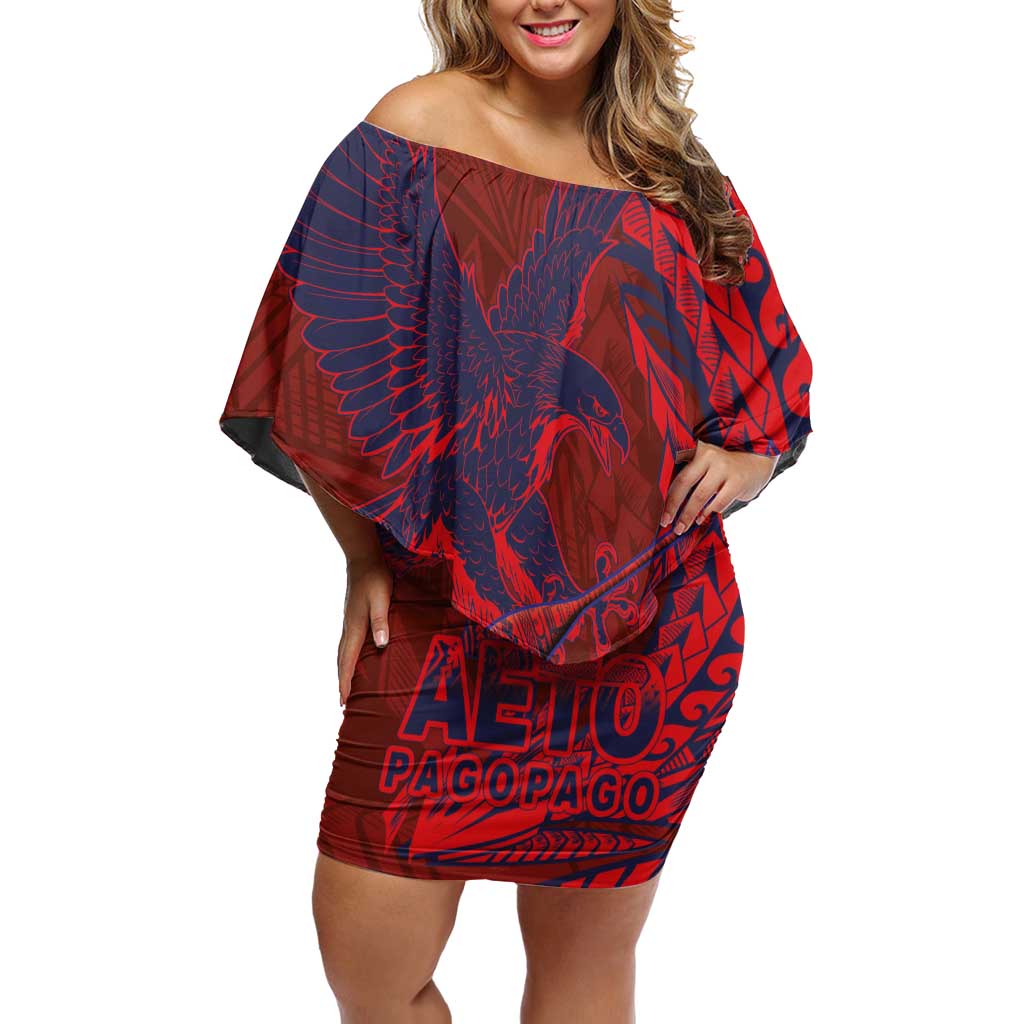 Samoa Pago Pago Aeto Family Matching Off Shoulder Short Dress and Hawaiian Shirt Wingstyle Red-Blue Color - Polynesian Pride