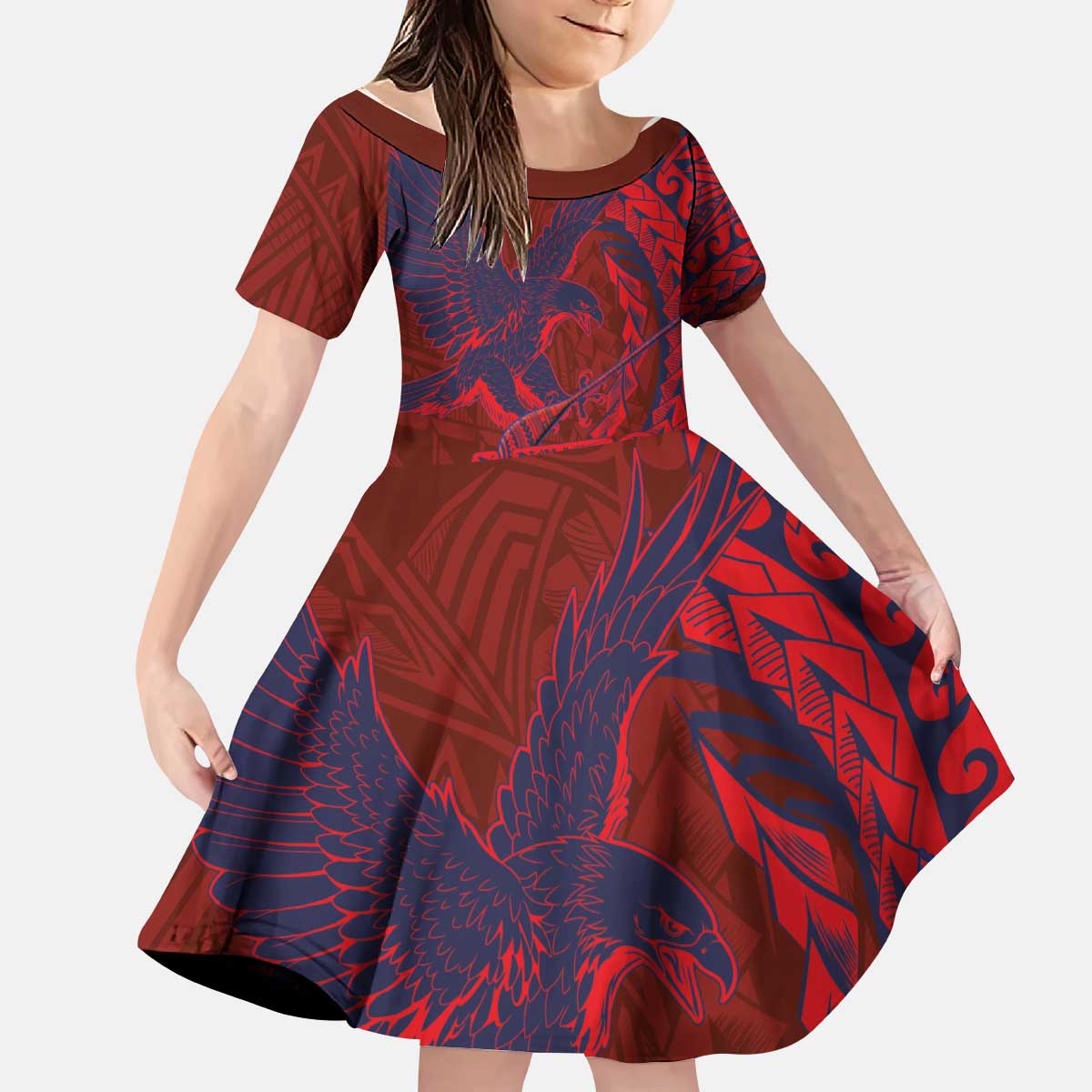 Samoa Pago Pago Aeto Kid Short Sleeve Dress Wingstyle Red-Blue Color - Polynesian Pride