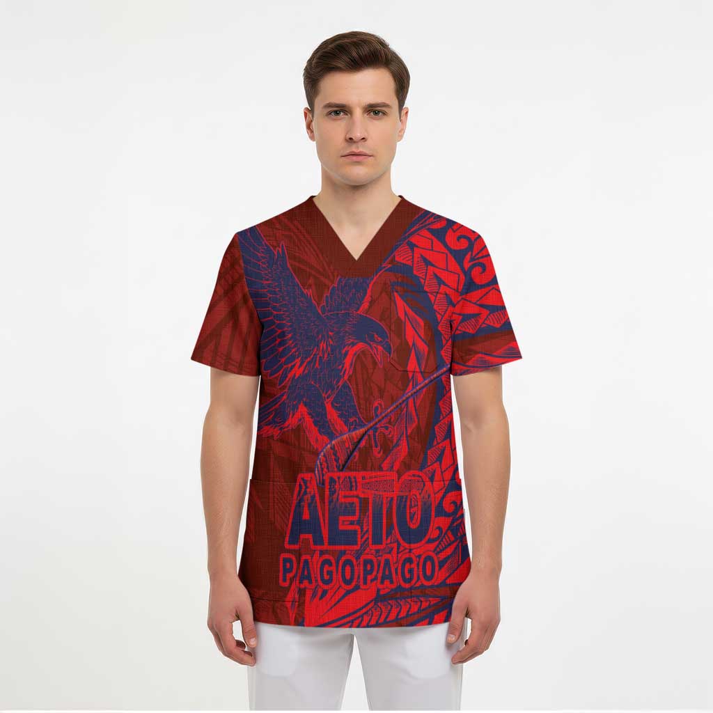 American Samoa Pago Pago Aeto Scrub Top Wingstyle Red-Blue Color - Polynesian Pride