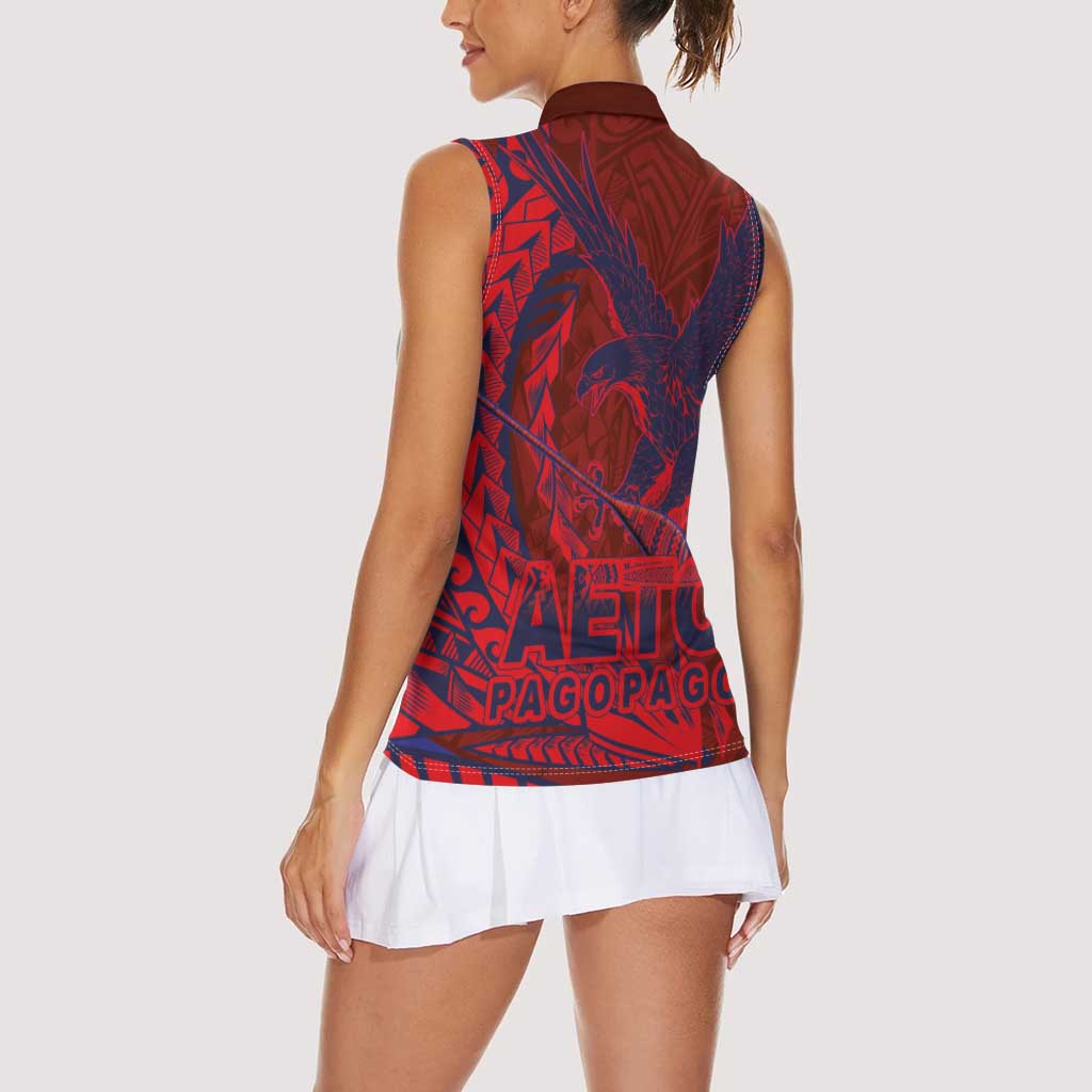 Samoa Pago Pago Aeto Women Sleeveless Polo Shirt Wingstyle Red-Blue Color - Polynesian Pride
