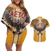 Samoa Pago Pago Aeto Couples Matching Off Shoulder Short Dress and Hawaiian Shirt Bald Eagle with Polynesian Art Tattoos - Polynesian Pride