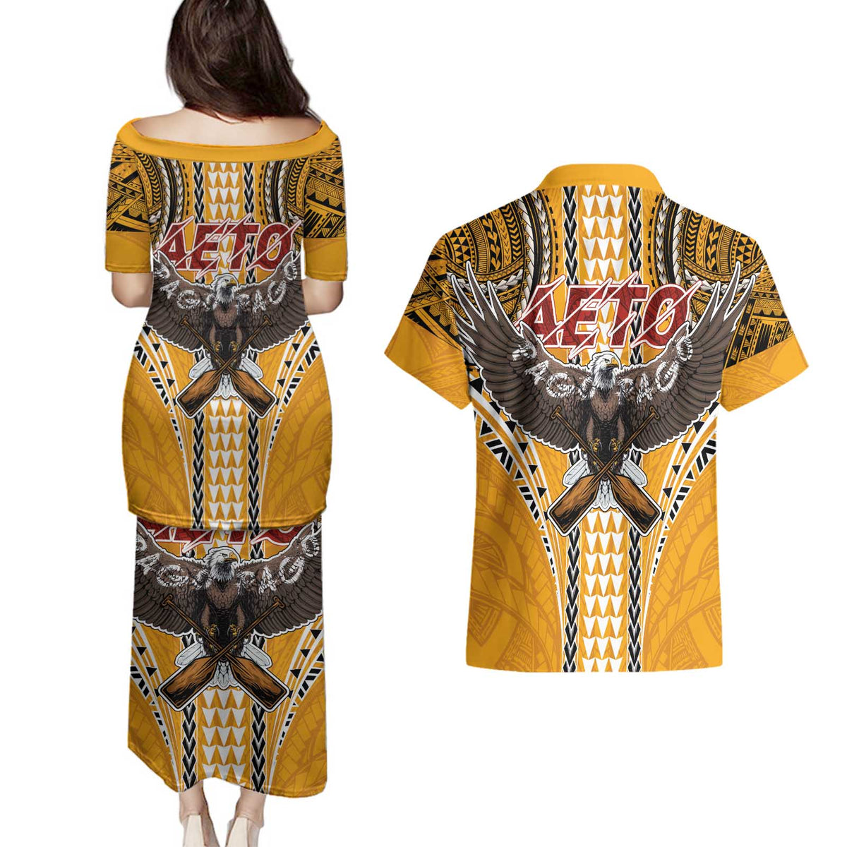 Samoa Pago Pago Aeto Couples Matching Puletasi and Hawaiian Shirt Bald Eagle with Polynesian Art Tattoos - Polynesian Pride