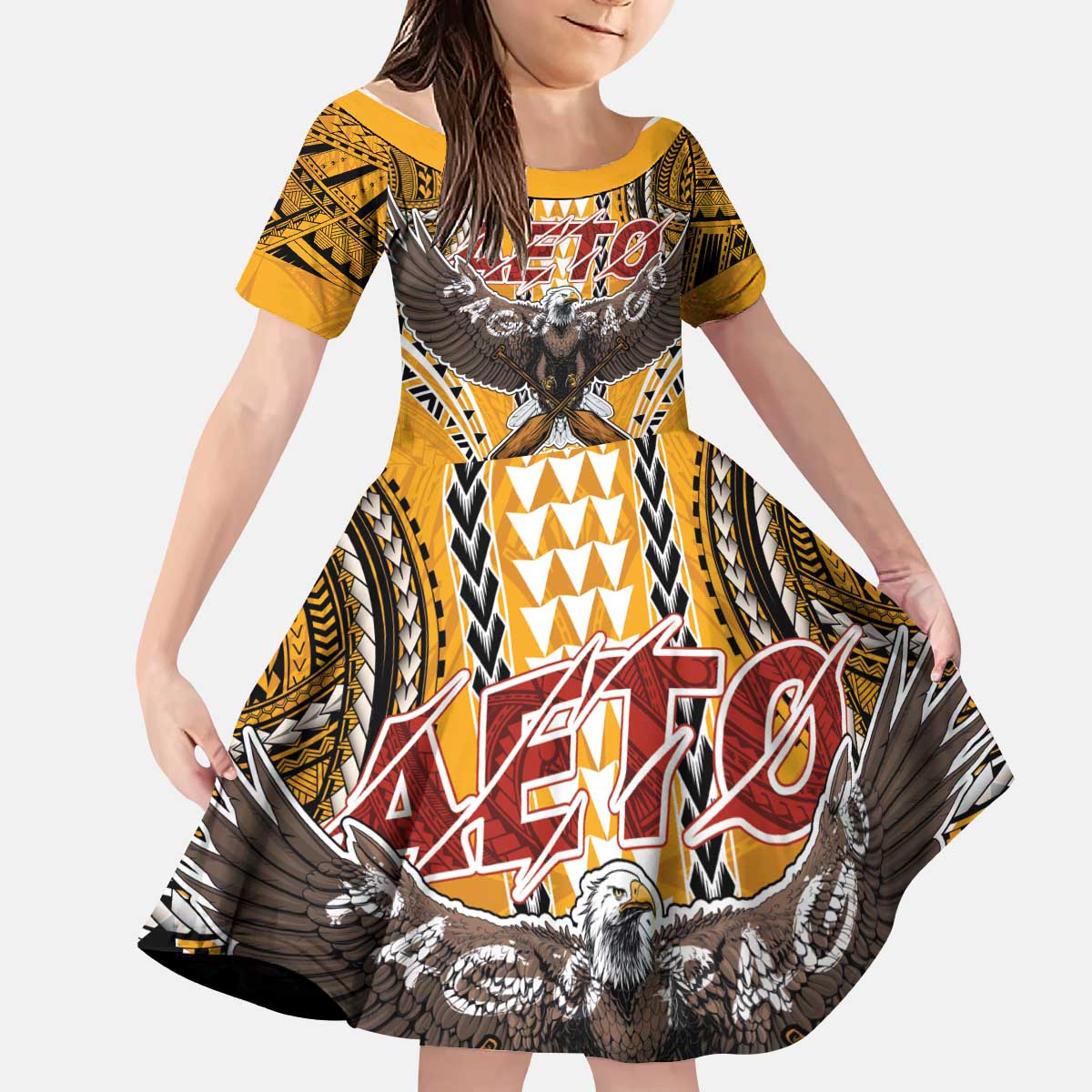 Samoa Pago Pago Aeto Kid Short Sleeve Dress Bald Eagle with Polynesian Art Tattoos - Polynesian Pride