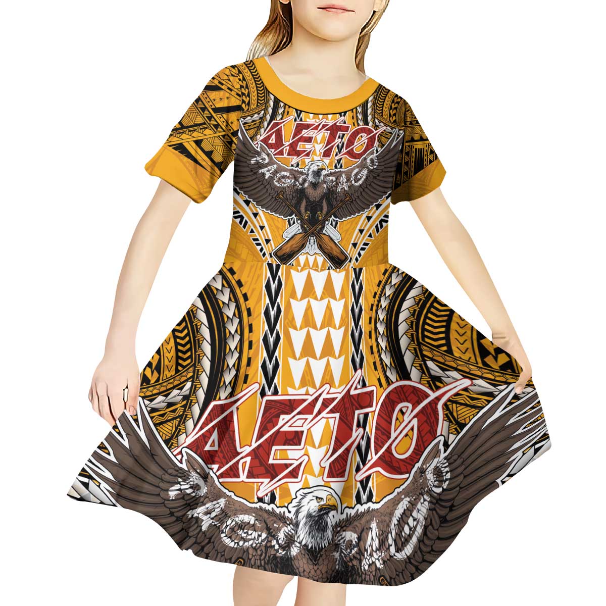 Samoa Pago Pago Aeto Kid Short Sleeve Dress Bald Eagle with Polynesian Art Tattoos - Polynesian Pride