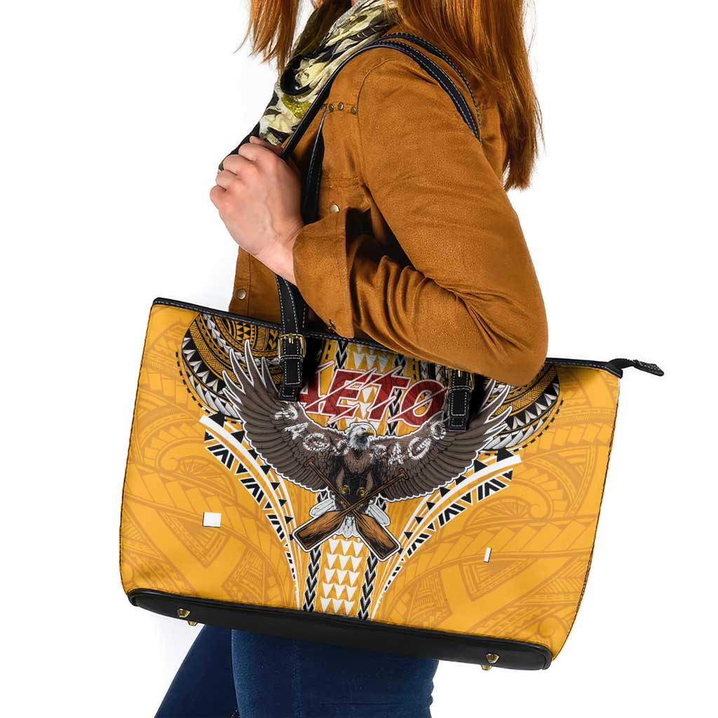 Samoa Pago Pago Aeto Leather Tote Bag Bald Eagle with Polynesian Art Tattoos - Polynesian Pride