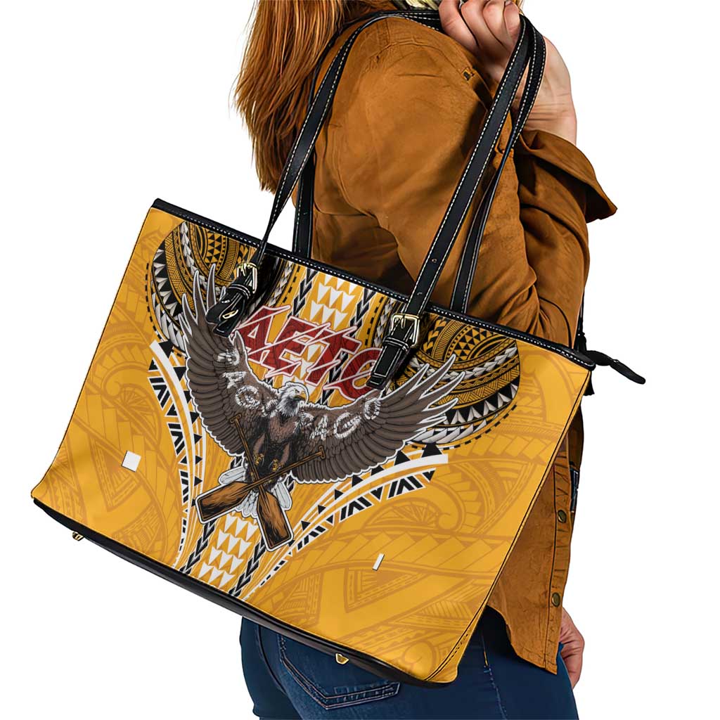 Samoa Pago Pago Aeto Leather Tote Bag Bald Eagle with Polynesian Art Tattoos - Polynesian Pride