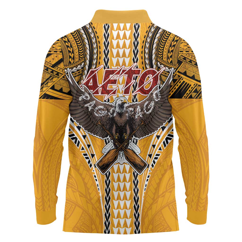 Samoa Pago Pago Aeto Long Sleeve Polo Shirt Bald Eagle with Polynesian Art Tattoos - Polynesian Pride