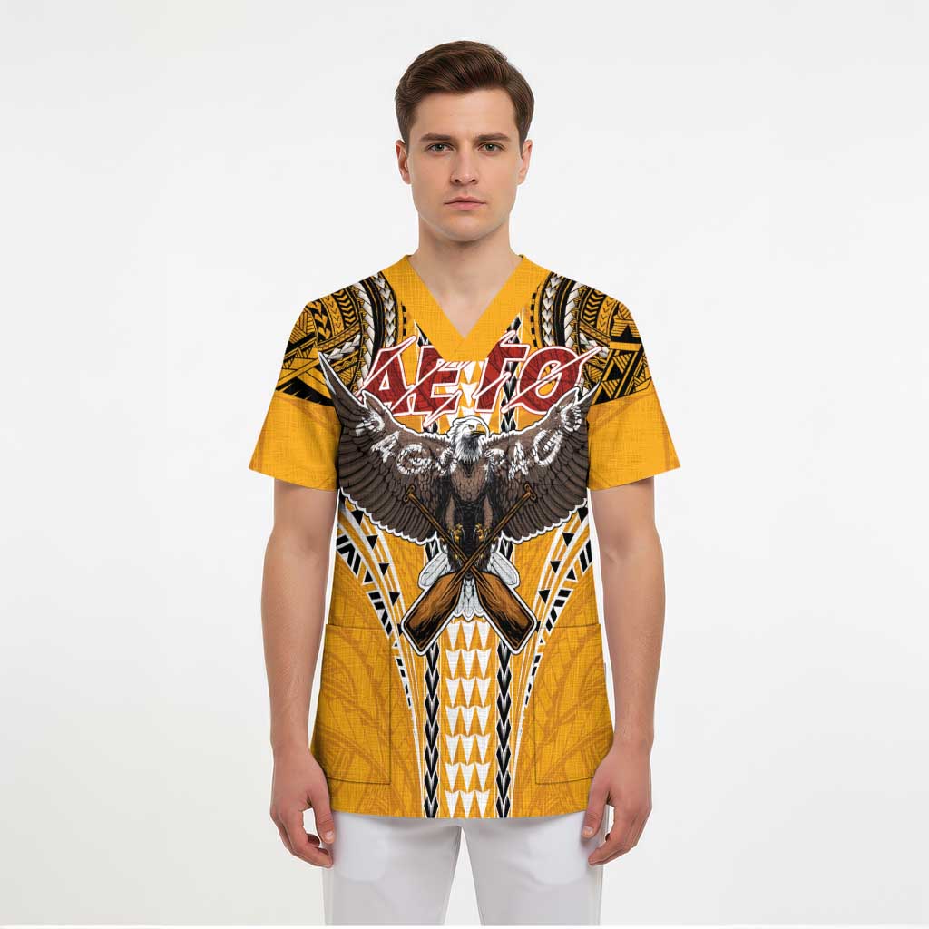 American Samoa Pago Pago Aeto Scrub Top Bald Eagle with Polynesian Art Tattoos - Polynesian Pride