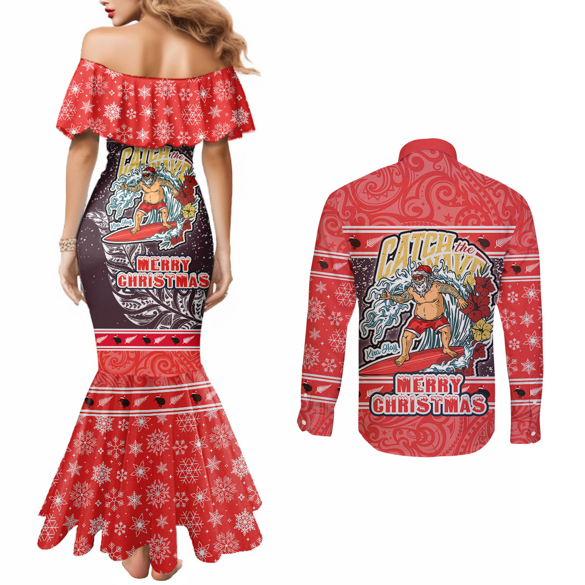 new-zealand-christmas-couples-matching-mermaid-dress-and-long-sleeve-button-shirts-santa-catch-the-wave-maori-pattern-retro-style