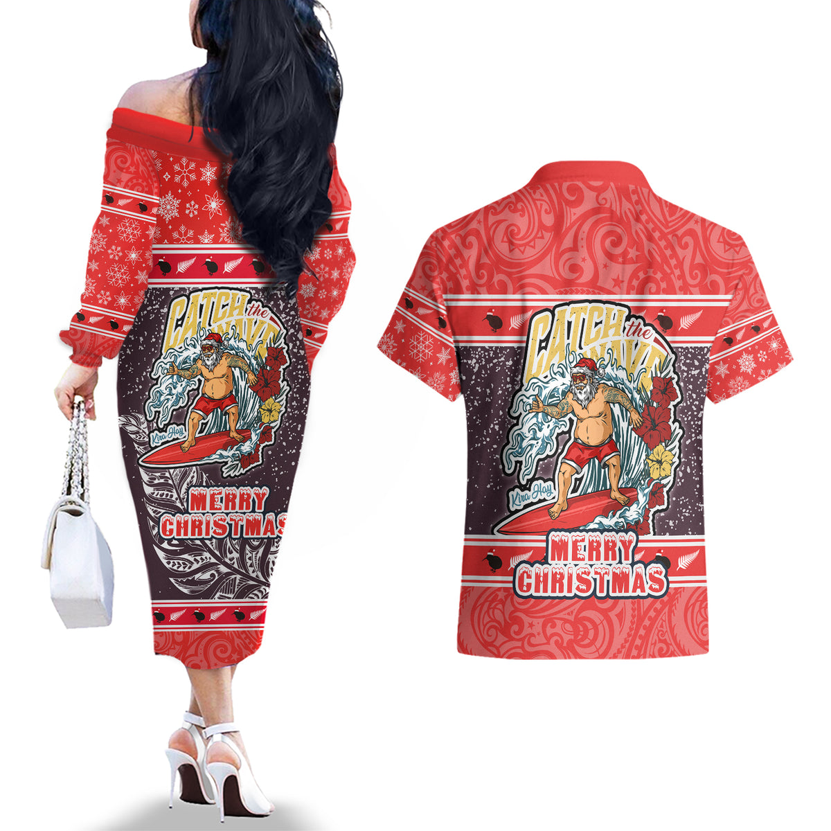New Zealand Christmas Couples Matching Off The Shoulder Long Sleeve Dress and Hawaiian Shirt Santa Catch The Wave Maori Pattern Retro Style LT03 - Polynesian Pride