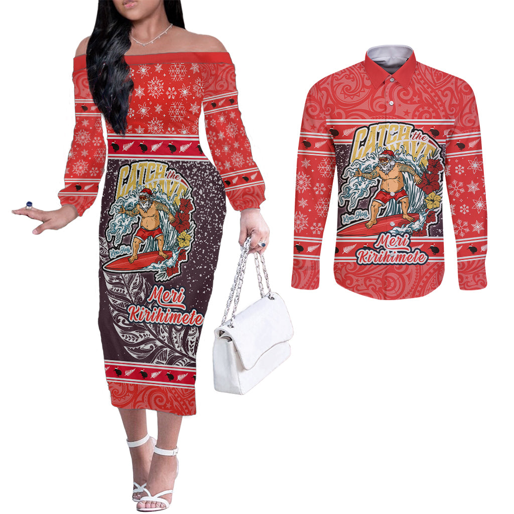 New Zealand Christmas Couples Matching Off The Shoulder Long Sleeve Dress and Long Sleeve Button Shirts Santa Catch The Wave Maori Pattern Retro Style LT03 Red - Polynesian Pride