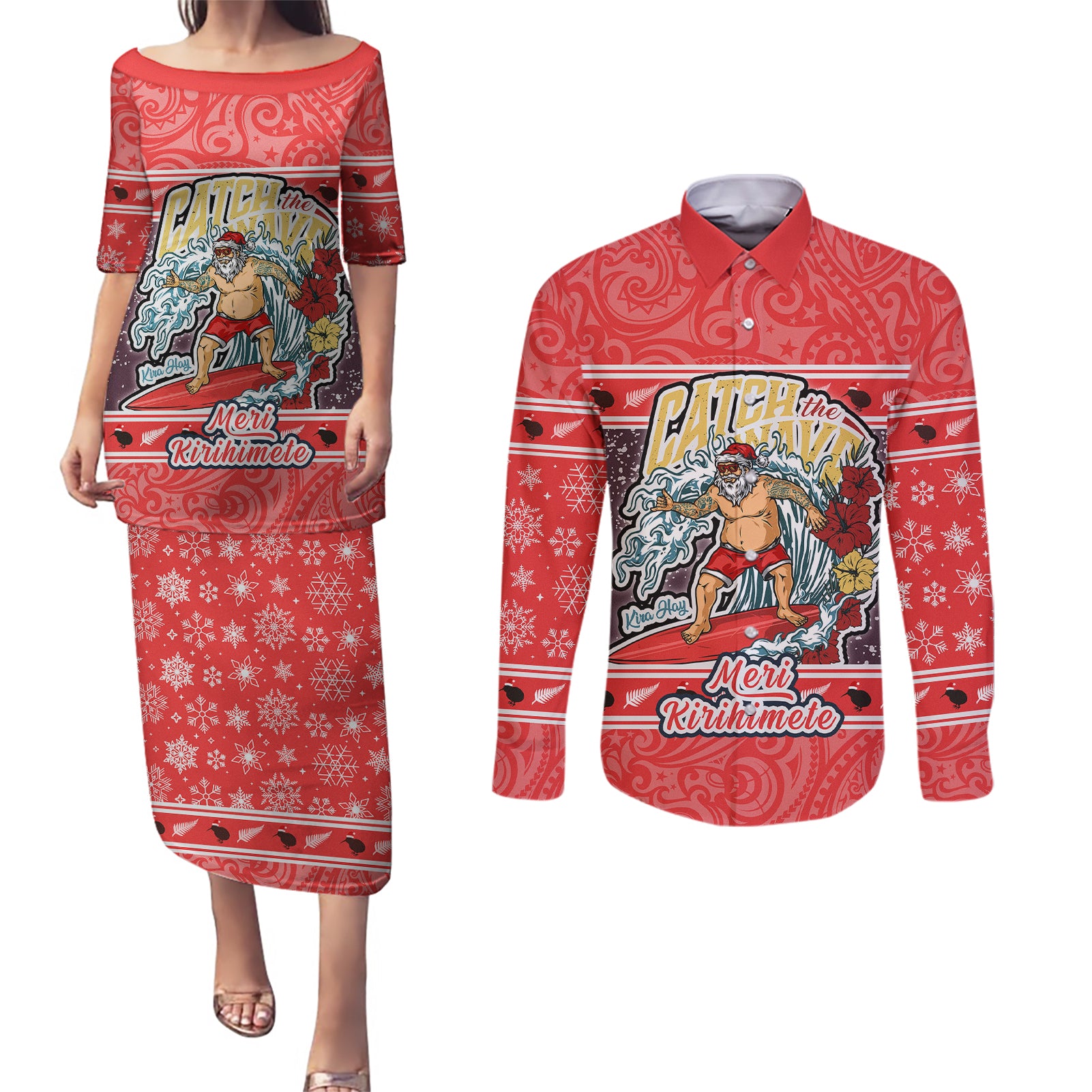 new-zealand-christmas-couples-matching-puletasi-dress-and-long-sleeve-button-shirts-santa-catch-the-wave-maori-pattern-retro-style
