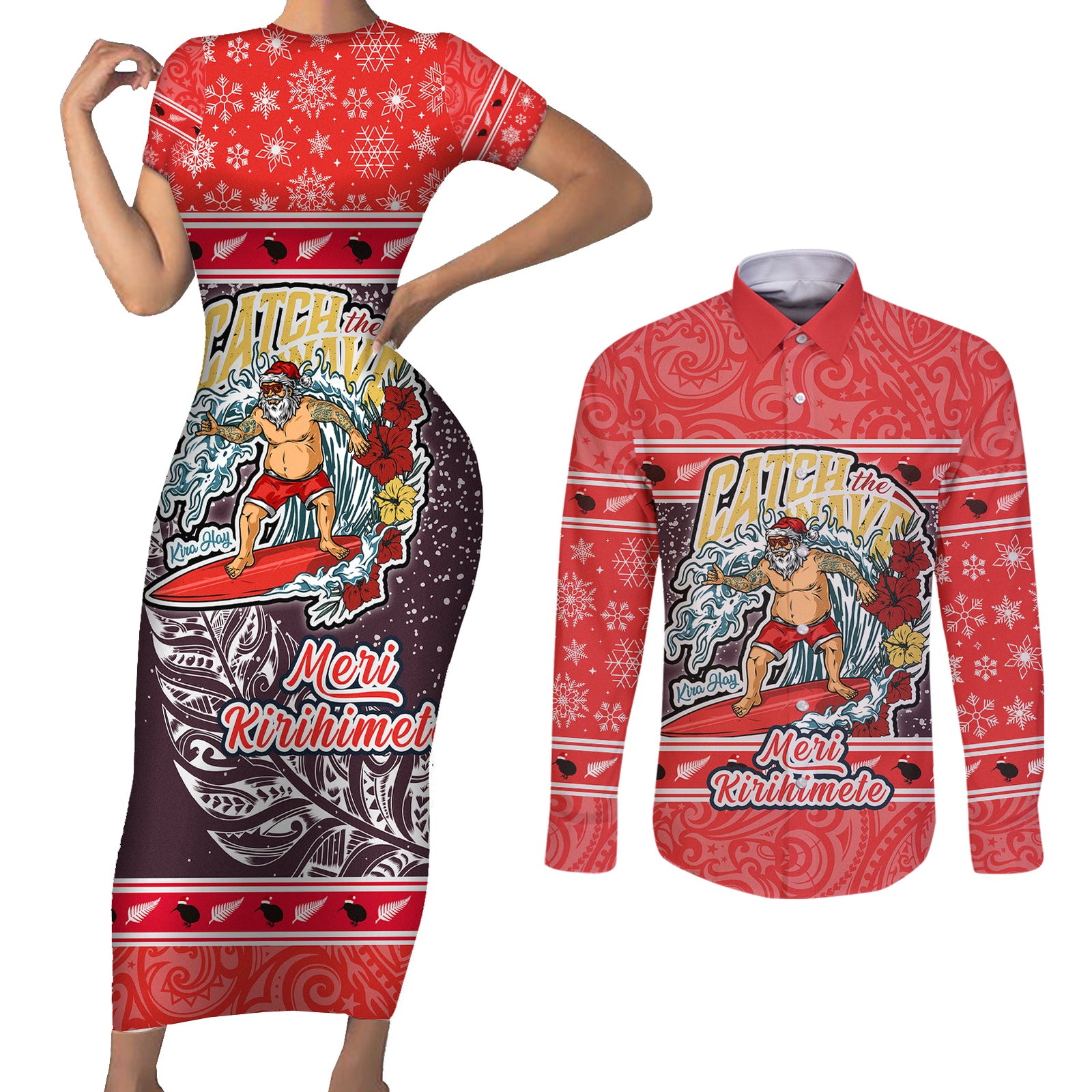 new-zealand-christmas-couples-matching-short-sleeve-bodycon-dress-and-long-sleeve-button-shirts-santa-catch-the-wave-maori-pattern-retro-style