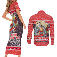 New Zealand Christmas Couples Matching Short Sleeve Bodycon Dress and Long Sleeve Button Shirts Santa Catch The Wave Maori Pattern Retro Style LT03 - Polynesian Pride