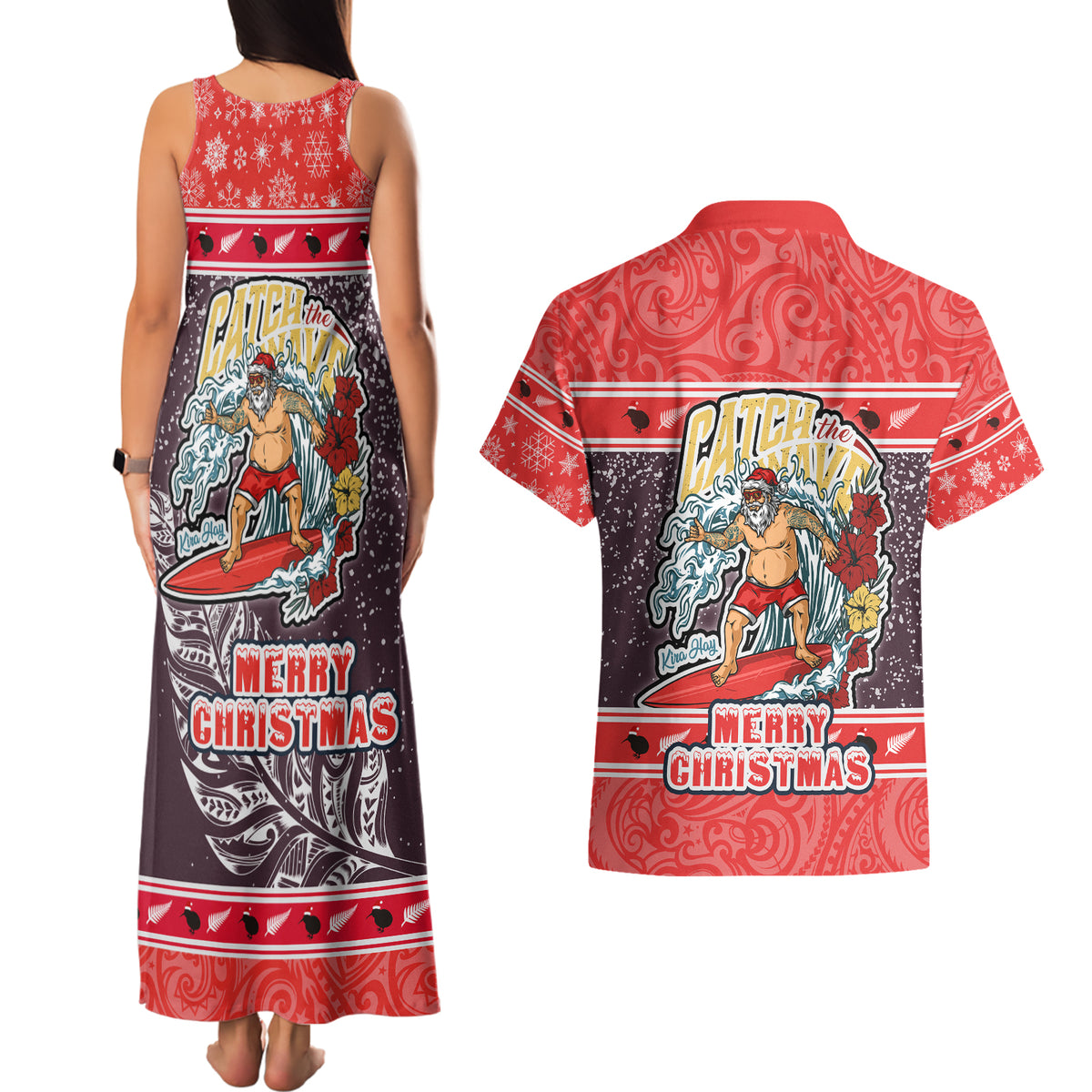new-zealand-christmas-couples-matching-tank-maxi-dress-and-hawaiian-shirt-santa-catch-the-wave-maori-pattern-retro-style