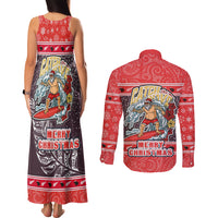 New Zealand Christmas Couples Matching Tank Maxi Dress and Long Sleeve Button Shirts Santa Catch The Wave Maori Pattern Retro Style LT03 - Polynesian Pride