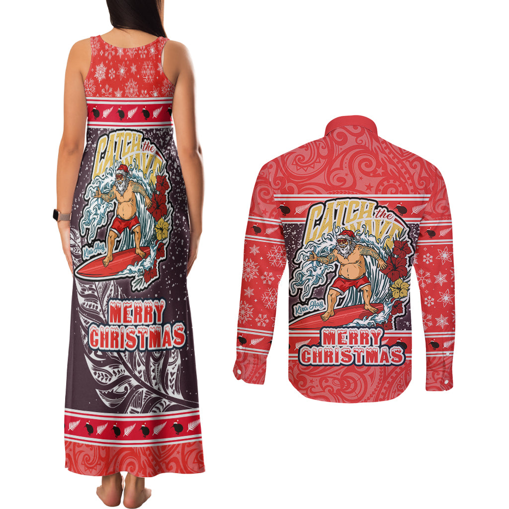 new-zealand-christmas-couples-matching-tank-maxi-dress-and-long-sleeve-button-shirts-santa-catch-the-wave-maori-pattern-retro-style