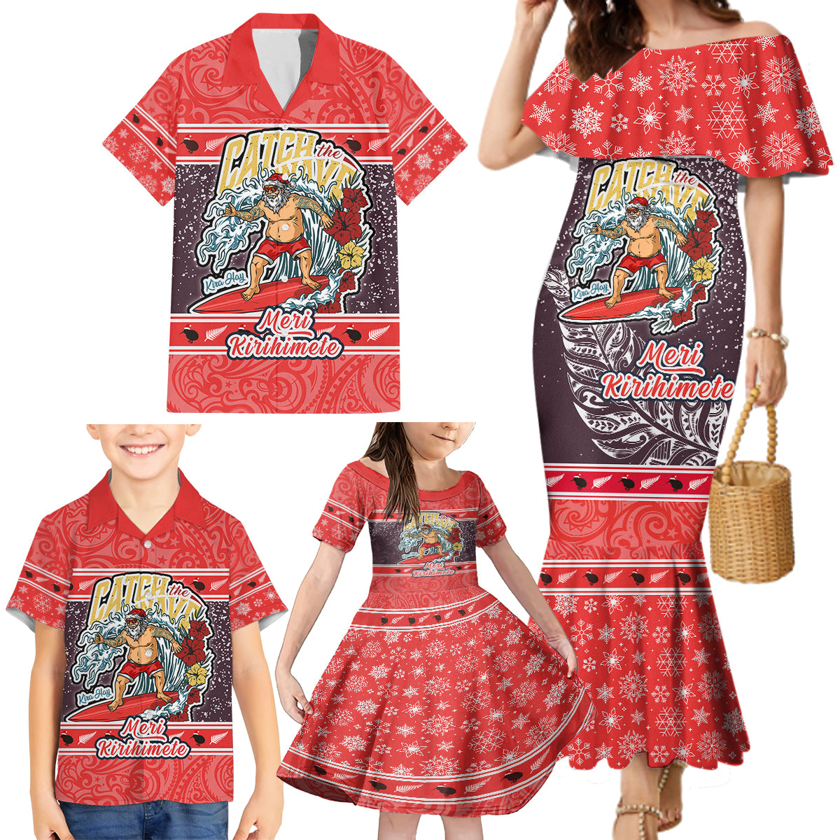 new-zealand-christmas-family-matching-mermaid-dress-and-hawaiian-shirt-santa-catch-the-wave-maori-pattern-retro-style