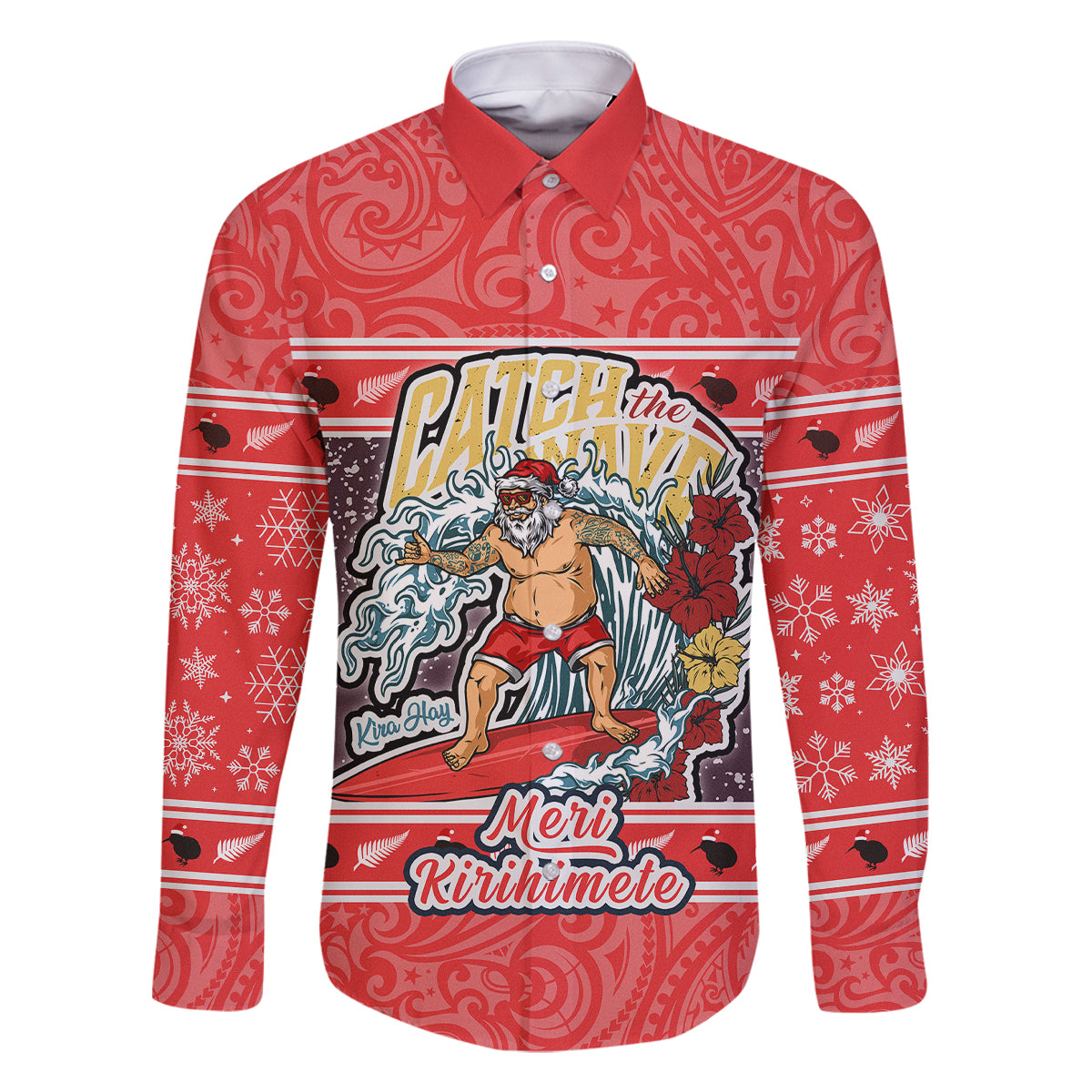New Zealand Christmas Family Matching Off Shoulder Maxi Dress and Hawaiian Shirt Santa Catch The Wave Maori Pattern Retro Style LT03 Dad's Shirt - Long Sleeve Red - Polynesian Pride